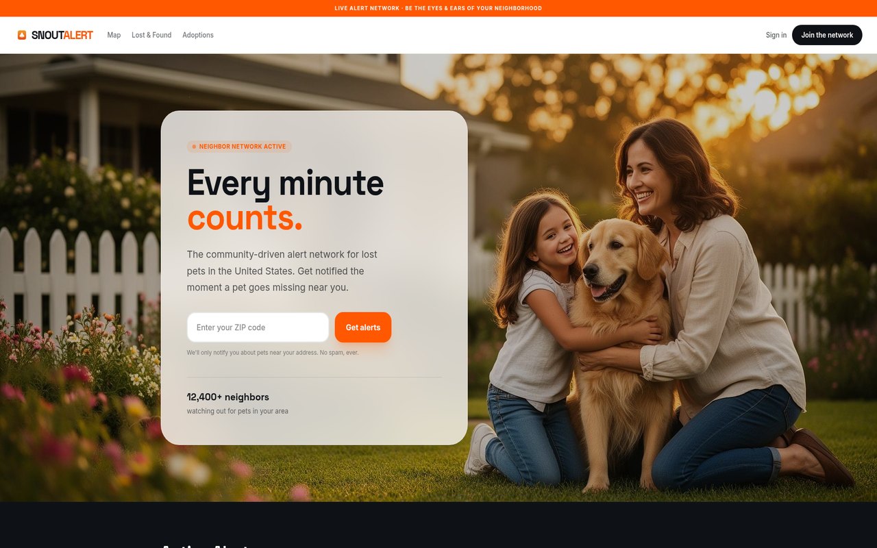 Snout Alert — A rede de alerta da vizinhança para pets perdidos.